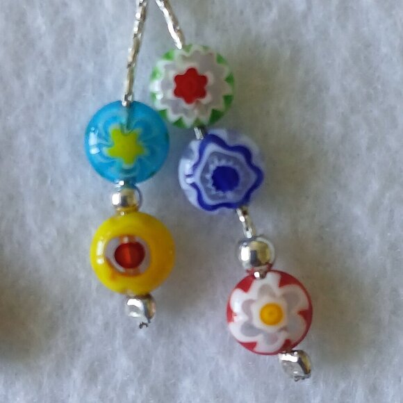 Sterling Silver Millefiori Dangle Drop Earrings Multicolour - Picture 3 of 4